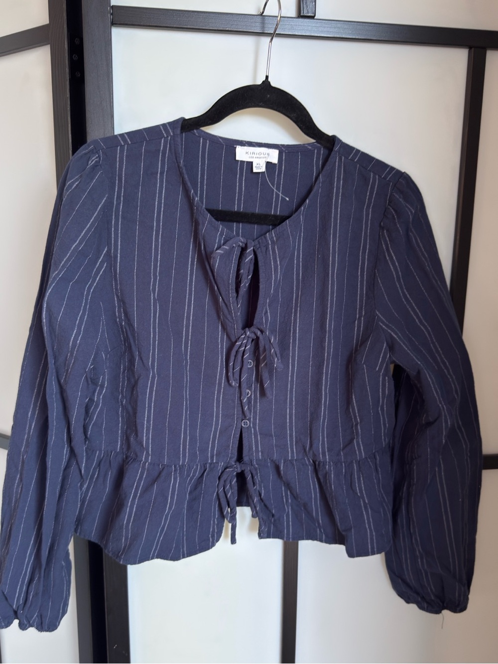 Kinross Navy Pinstripe Tie-Front Peplum Blouse